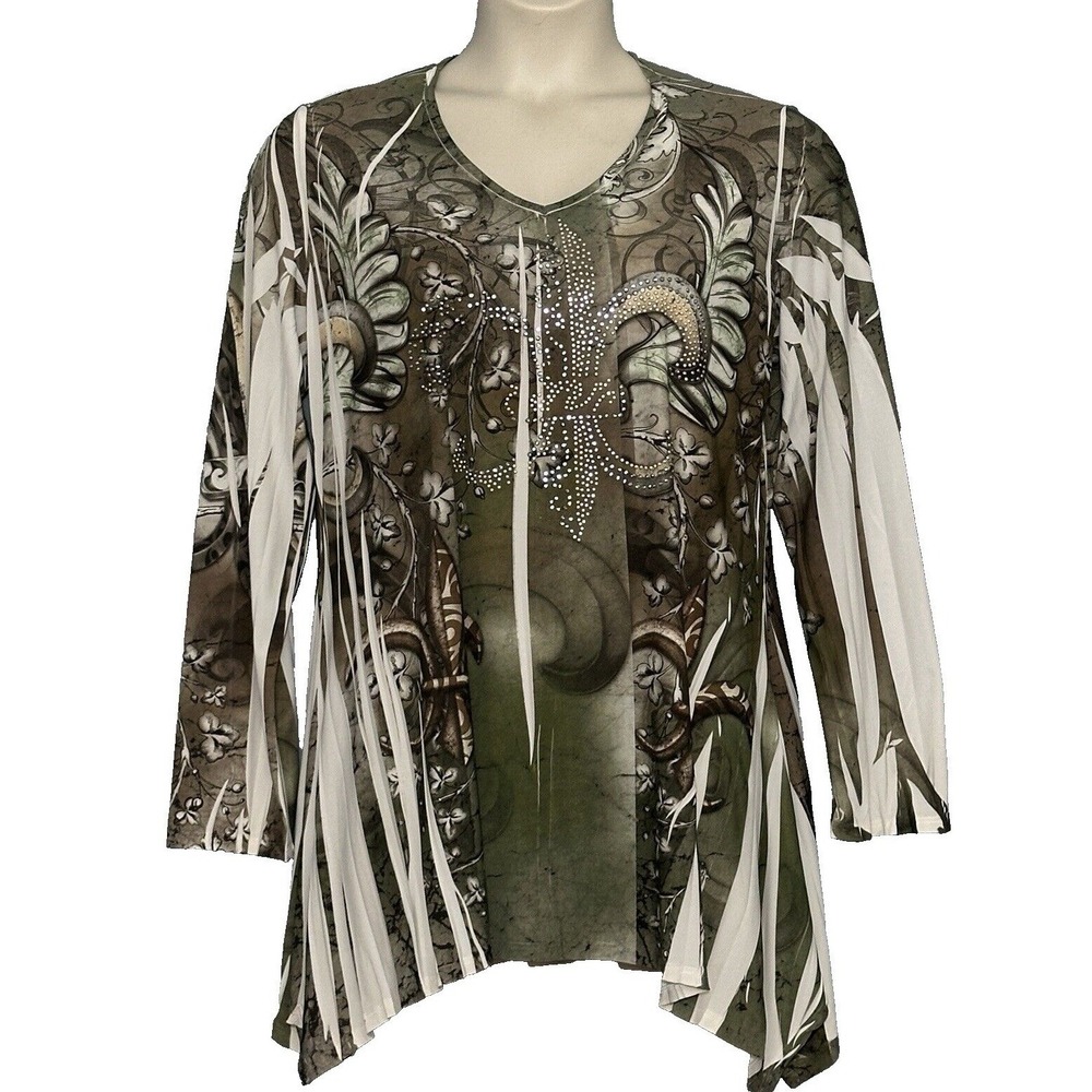 Y2K Edgy Whimsigoth Women 1X Tunic Top Fleur-de-lis Rhinestone Sharkbite Fairy